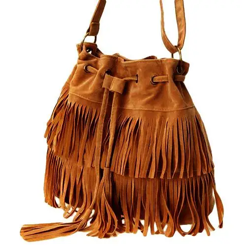 Best Fashion Women Faux Suede Fringe Drawstring Bucket Bag Solid Color Vintage Tassel Crossbody Shoulder Bags
