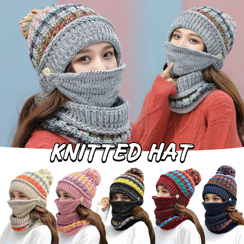 

3Piece/Set Women's Knitted Dustproof Hat Scarf Caps Neck Warmer Winter Hat For Ladies Velvet Thick Bib Mask Beanies Snow Ski Cap
