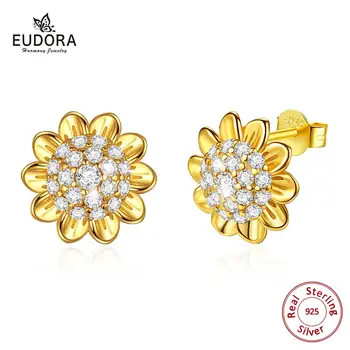 

EUDORA Real 925 Sterling Silver Crystal 18K gold Earring sunflower Stud Triangle Earring Fashion Dangler for Women Jewelry E116