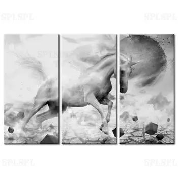 

Triptych Decorative No Frame Unicorn At The End Of The World Abstraction Animals Horses Print Photo On Canvas Paintings