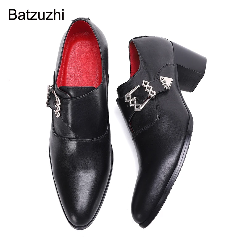 Batzuzhi Black Genuine Leather Dress Shoes Men 7cm High Heels Men Shoes Pointed Toe Buckle Strap Business Leather Shoes Male!