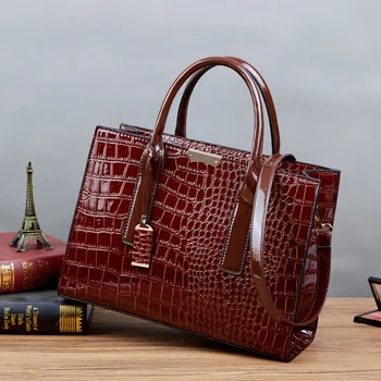 

Patent leather crocodile pattern female bag European and American tote bag one shoulder diagonal luxury female bag designer