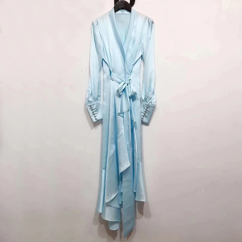 blue CHICEVER асимметричное атласное женское платье с v-образным вырезом и рукавами-фонариками, высокая талия, на шнуровке, миди платья для женщин, осень, новинка - Цвет: blue