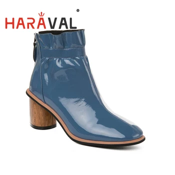 

HARAVAL Women Ankle Boots Shoes Spring Autumn Patent Leather Thick heels Black Blue Boots high heels Women Shoes Footwear D3