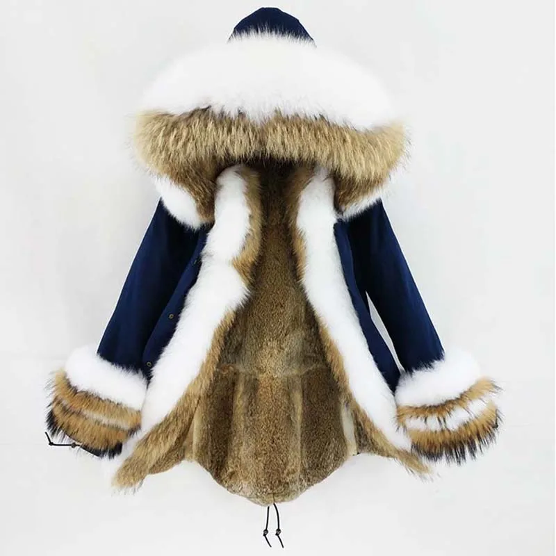 

2019 Long Parka Real Fur Coat Natural Raccoon Fox Fur Collar Hood Cuffs Rabbit Lliner Outerwear New Winter Jacket Women