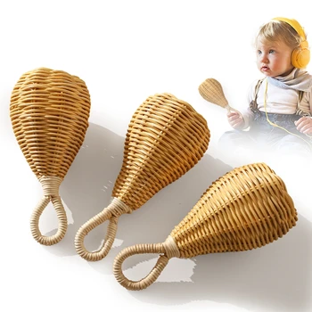 1Pc Baby Rattan Handbell Sand Hammer Musical Rattle Rattan Weaving Handbell Educational Infant Attetion Training Toys Kid Gifts 1