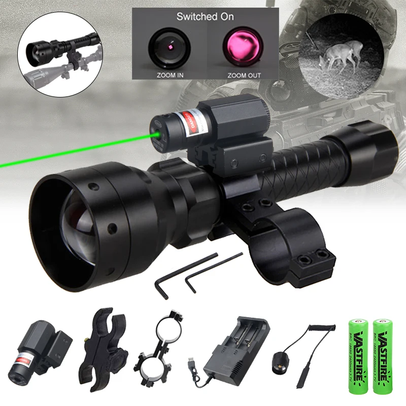 

Green/Red Laser Dot Sight T50 Zoomable Infrared Radiation Hunting Flashlight 50mm Focusing Lens IR850nm Night Vision illuminator