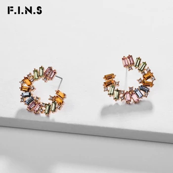 

F.I.N.S Rainbow Colorful Crystal Statement Stud Earrings for Women C-Shaped Ear Studs Fashion Jewelry Womens Accessories