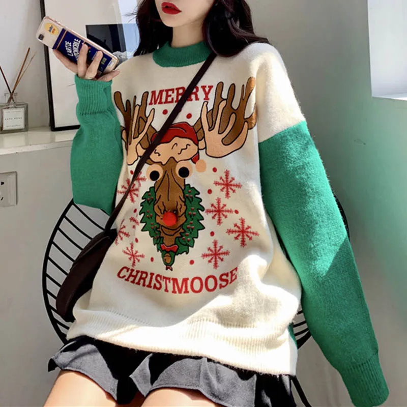Возможно у женский свитер Рождество красный зеленый Рождество Лось Снежинка трикотажные пуловеры с длинным рукавом хит цвет зима M0363 - Цвет: Зеленый
