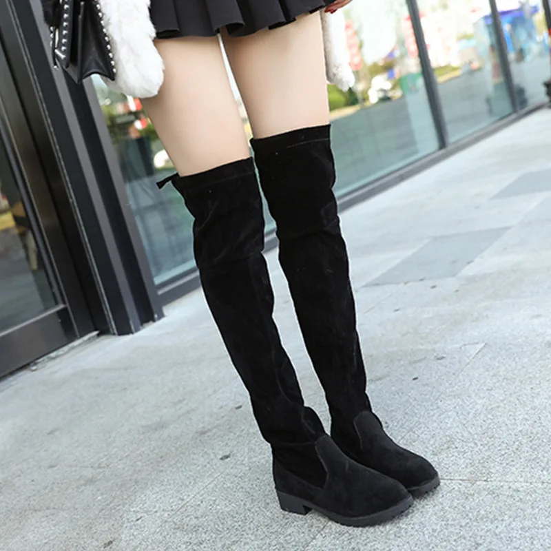 

Round Toe Slip-On Solid Concise Long Boots for Women Square Heel Med Casual PU Autumn Winter Boots Over-the-Knee Platform Shoes