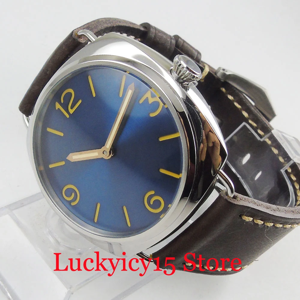 

PARNIS 47mm Hand Winding Wristwatch Men Square Silver Case Blue Sterile Dial 17 Jewels Mechanical Movement