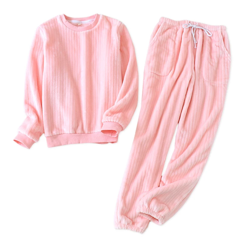 

New winter warm couple pajamas sets women pullover Thicken flannel sweet pink striped long sleeve sleepwear women men pajamas