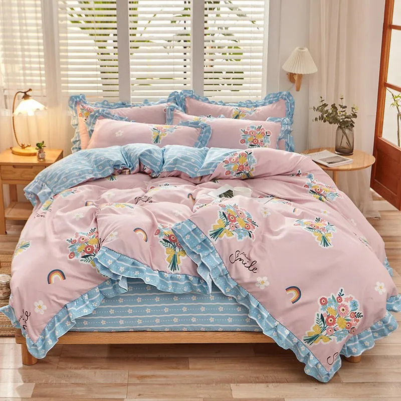 Peony Floral Girls Duvet Cover Set Soft Cotton Brushed Farmhouse Chic Blossom Ruffle 3/4Pcs Bedding set Fitted sheet Pillowcase