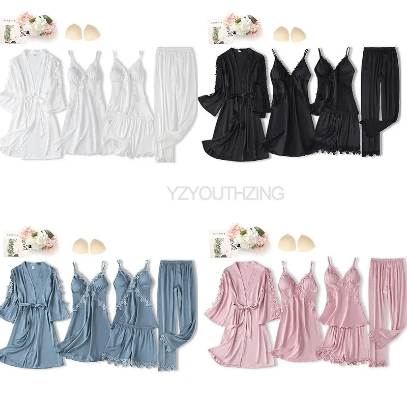 Women Sleepwear Bride Robes Sleepwear Pajamas 5PCS Robe Suit Satin Women Nightwear Lace Kimono Gown Bridal Wedding Bathrobe Set