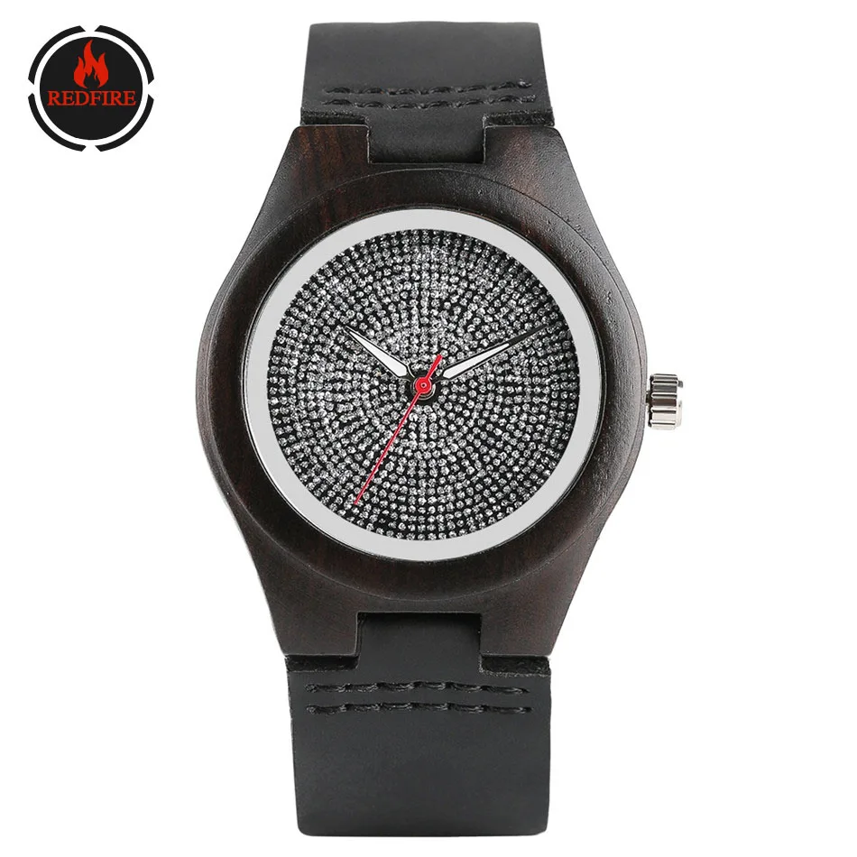 

REDFIRE Ebony Wood Women's Watch Rhinestones Design Round Dial Elegance Ladies Wood Watches Leather Watch reloj femenino