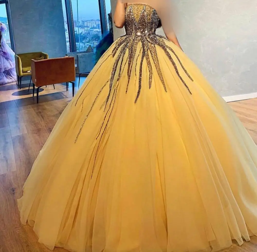 

Gold Sparkle Beaded Tutu Ball Gowns Crystal Sequined Prom Gowns Plus Size Formal Dresses African Robe De Soiree