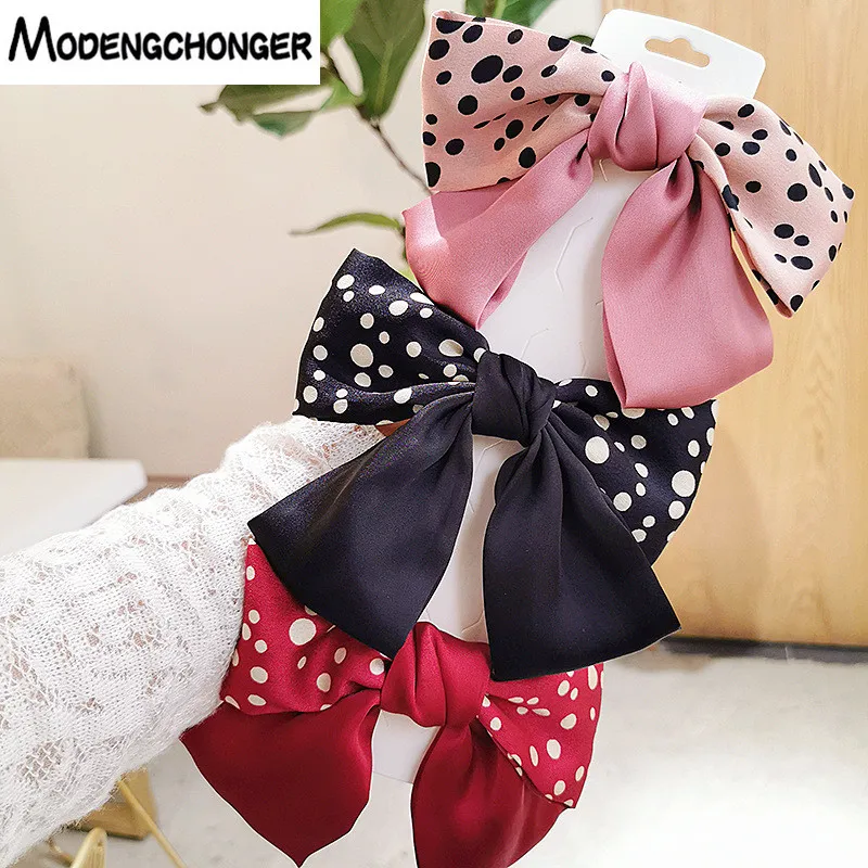 

Korean Satin Barrettes Bow Hair Clip Large Spring Clip Dot Double Color Matching Fabric Top Clip Women Hairpin Hair Accessories