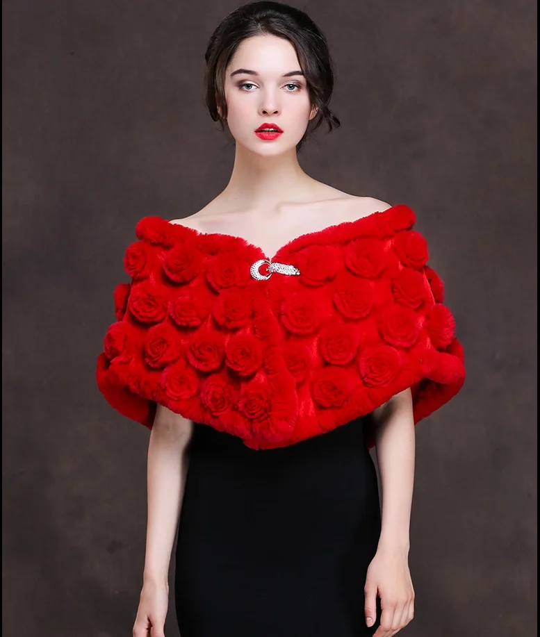 Real Fur Shawl Wraps Rex Rabbit Fur Warm Rose Cape Women Wedding Party 140*40cm