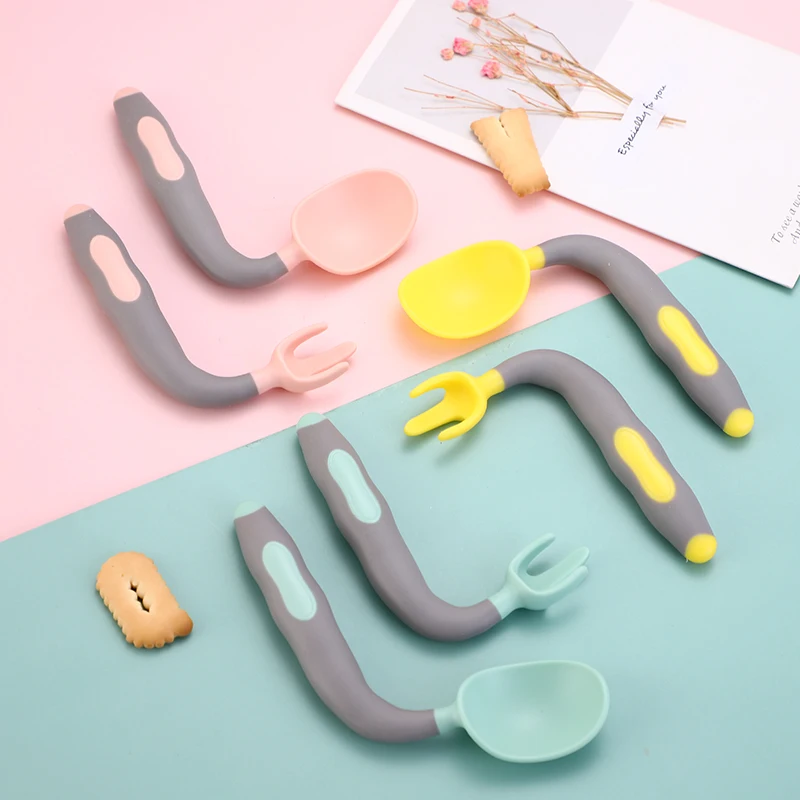 Juego de cuchara y utensilios para bebé, cucharas de silicona auxiliar para comida, vajilla suave y flexible para aprender a comer