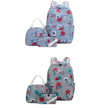 

3pcs School Backpack Canvas Laptop Daypack Teenage Schoolbag Bookbag Lunch Bag Pencil Case Set for Women Girls