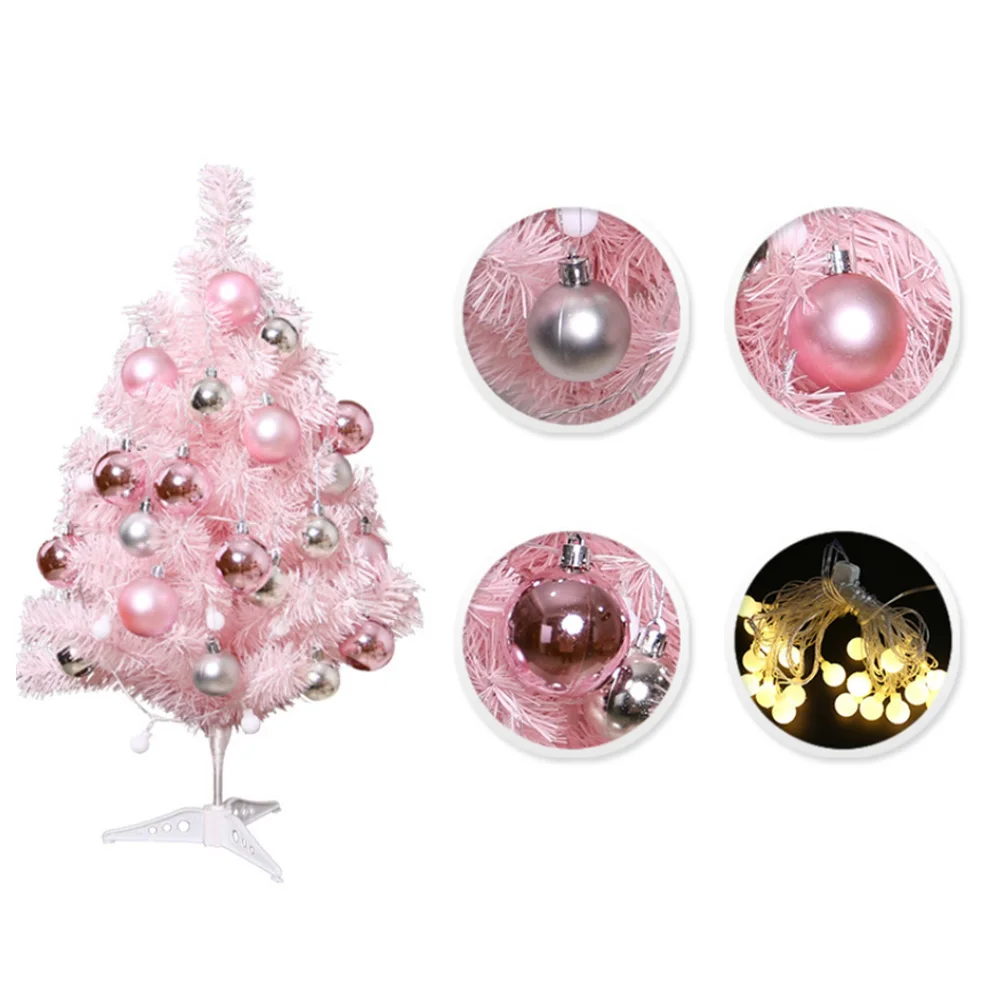 

60cm Tabletop Mini Pink Artificial Christmas Tree with 24 Glittery Balls Light String for DIY Home Room Party Xmas Decor New S30
