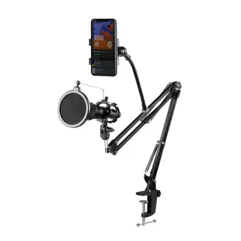 

FULL-Adjustable Recording Microphone Suspension Boom Scissor Arm Stand+Mic Wind Filter+Shock Mount+Phone Holder Black
