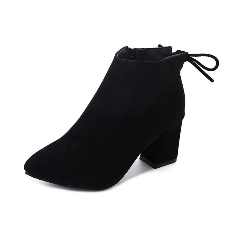 Большой размер 43,, женские ботинки до середины икры коричневые, серые, с острым носком, на молнии, Демисезонные женские модные ботинки повседневные ботинки на шнуровке - Цвет: Black
