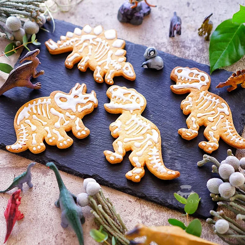 3Pcs Dinosaur Cookie Cutters Mold 3D Fondant Biscuit Embossing Mould DIY Baking Tools Kids Jungle Birthday Party Cake Decoration