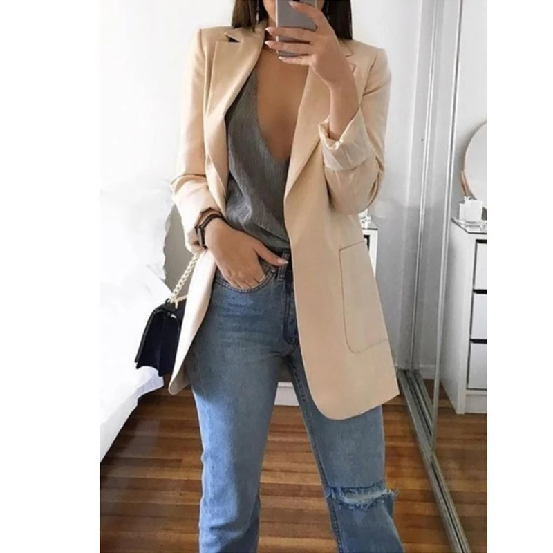 Однотонные женские куртки и пальто 5XL размера плюс, Осеннее болеро с длинным рукавом и отложным воротником, женские куртки с карманами