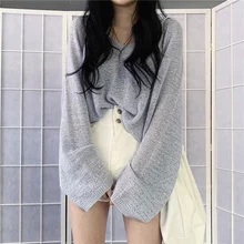 

Women V-neck Thin Knitwear Pullover Hoodie 2021 South Korean Chic Summer Lazy Wind Loose Tops Simple Solid Color Sweet Female