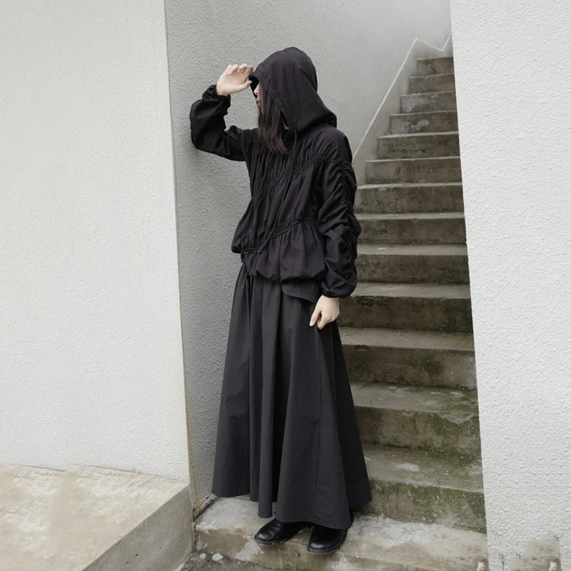 [EAM] Women Black Pleated Split Temperament Big