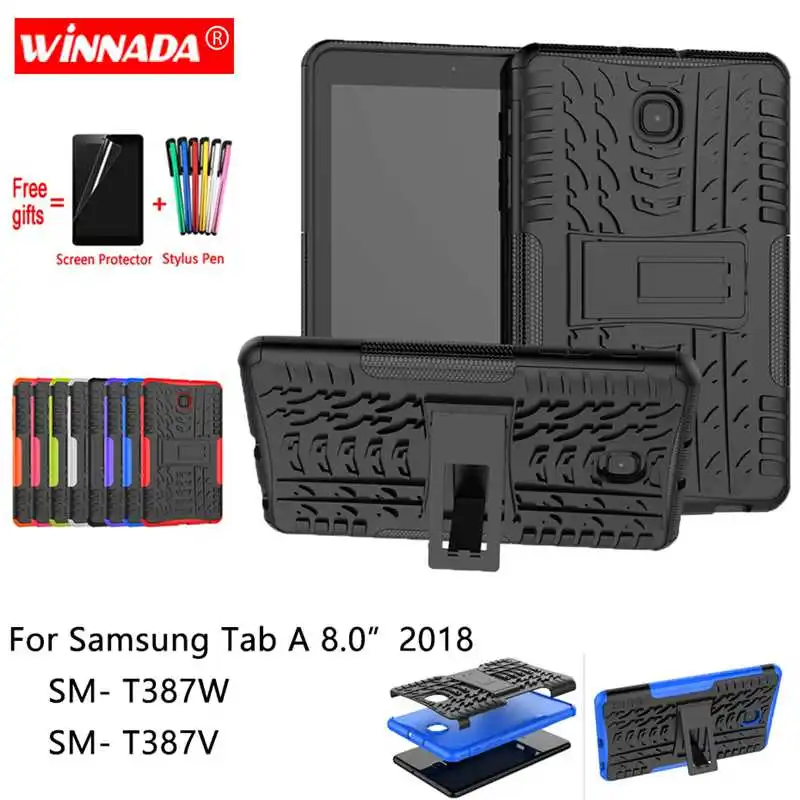 

For Samsung galaxy Tab A 8.0 2018 T387 case SM- T387W T387V Tablet armor case Silicone TPU+PC Shockproof Stand Cover +Film+Pen