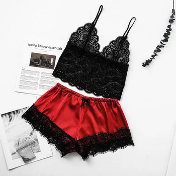 

Women Sleep Wear Sexy Lingerie Satin Lace V-Neck Camisole Shorts Set Sleepwear Pijamas Women Sexy Sleeping Clothes Nightwear