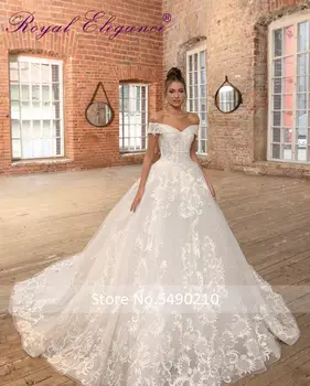 شراءفستان زفاف مزين بالدانتيل على الكتف فستان زفاف على شكل كاتدرائية وقطار جمركي مصنوع من فساتين زفاف