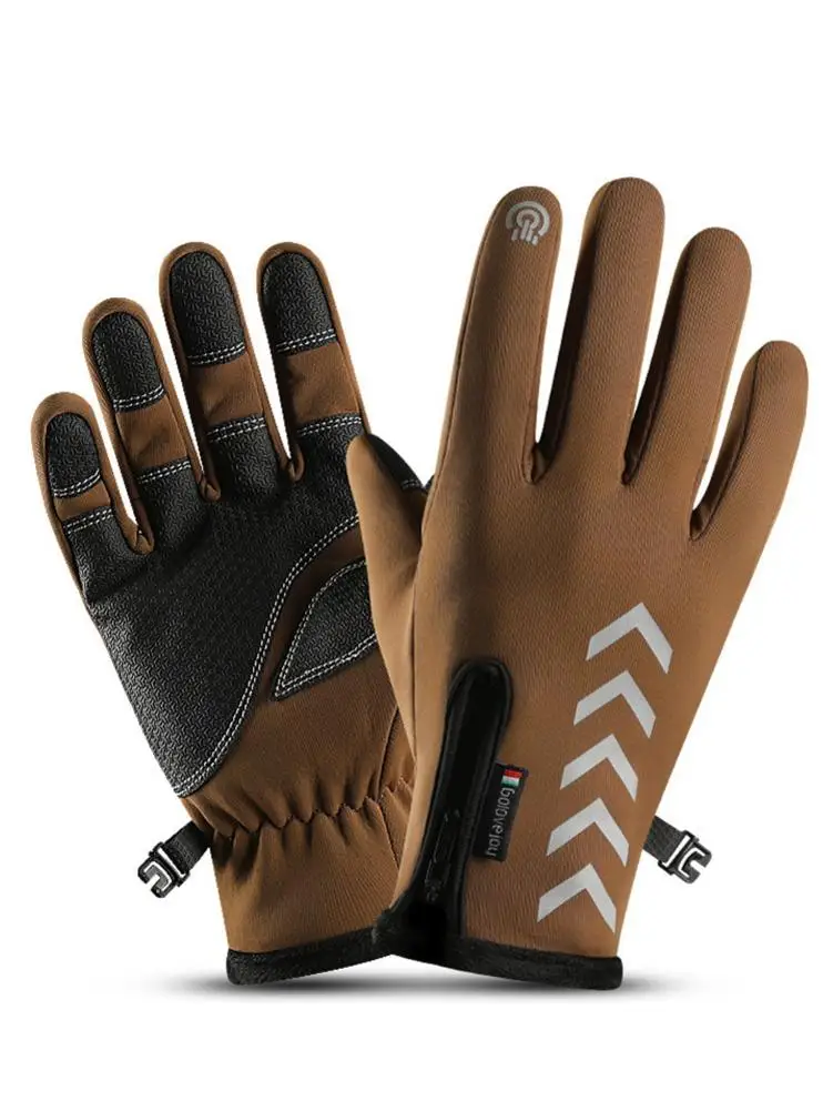 1Pair Winter Warm Gloves Men Women Reflective Touch Screen Gloves Anti-slip Couple Zipper Super Ski Cycling Full Finger Gloves