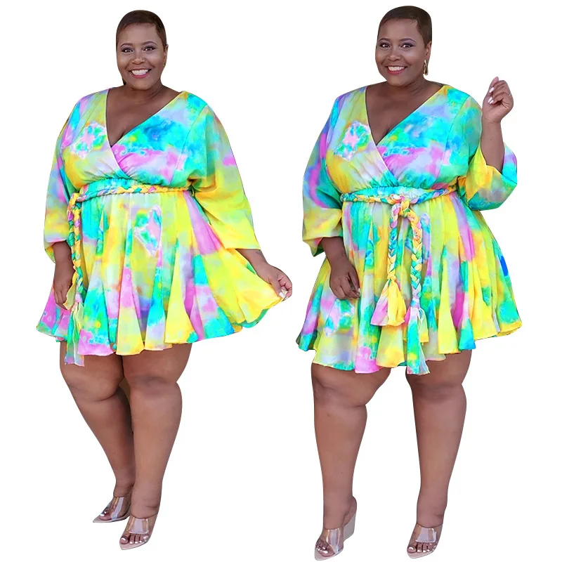 Plus Size Summer 4XL 5XL Clothes Fashion Beach Party Dress Printed Long Sleeve V-neck Sexy Pleated Women Mini Dress Vestidos 