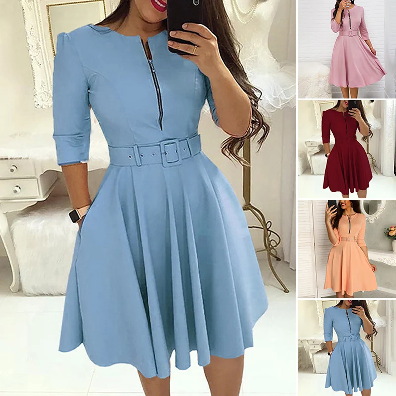 Women Vintage Dress Ladies Party Knee Length Fashion A Line Plus Size Half Sleeve V Neck Solid Swing Dress Office Work Wear