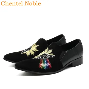

Chentel Suede Loafers Men Casual Shoes Bling Embroidery Pattern Fashion Flats Bottoms Leather Dress Shoes Men Slip-On Black