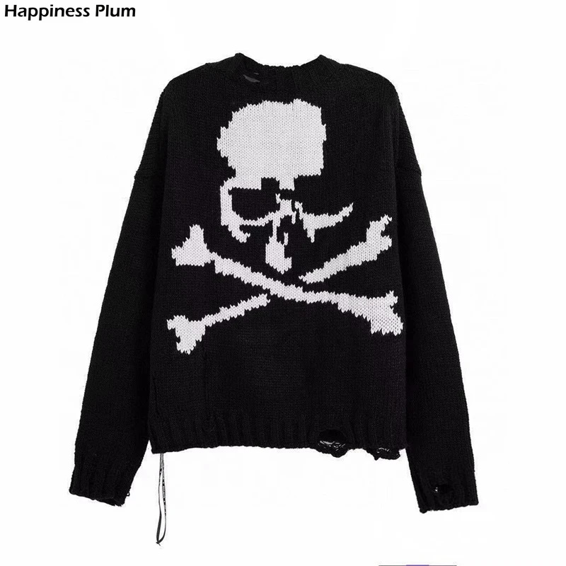 

Harajuku Skulls Pattern Knitted Pullovers Autumn Winter Long Sleeve O Neck Loose Sweater 90s Vintage Women E-girl Gothic Clothes