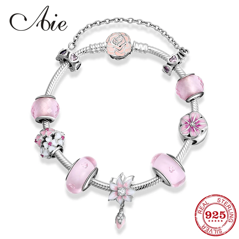 925 стерлингового серебра цветущие розовые цветы серии со стеклянными бусинами готовой браслет модные женские Шарм браслет ювелирные изделия