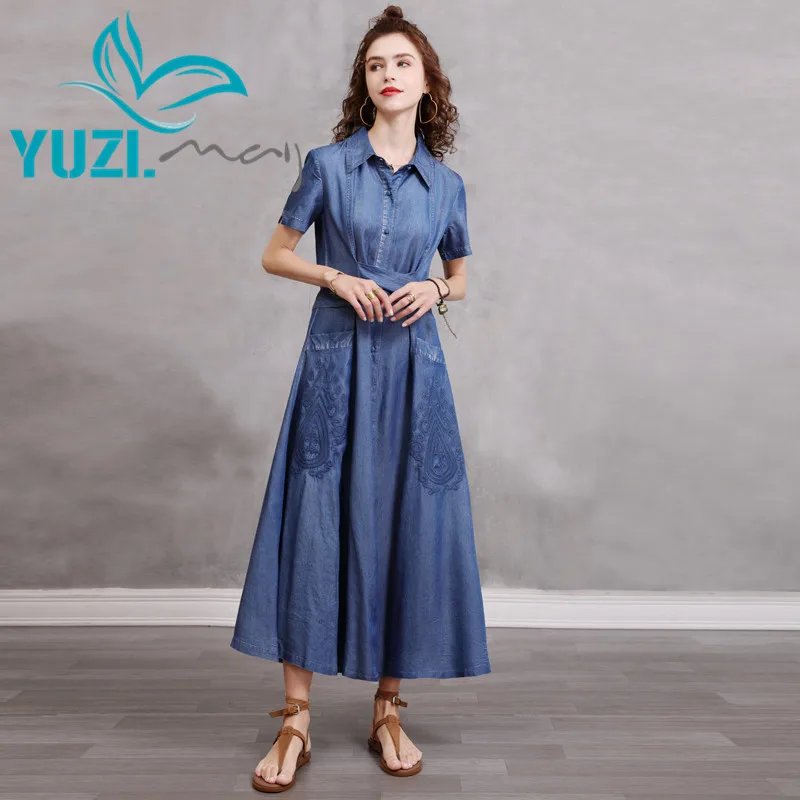 

Летнее платье 2021 Yuzi.may бохо, новинка, джинсовое платье с отложным воротником и коротким рукавом, винтажная вышивка, платье на завязках A82333