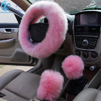 

KKYSYELVA Fur Pink Warm Car steering wheel cover Winter Black Auto Interior Accessories 38cm Automobiles Steering-wheel Covers