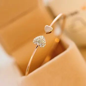 

2020 New Fashion Adjustable Crystal Double Heart Bow Bilezik Cuff Opening Bracelet for Women Jewelry Gift Mujer Pulseras