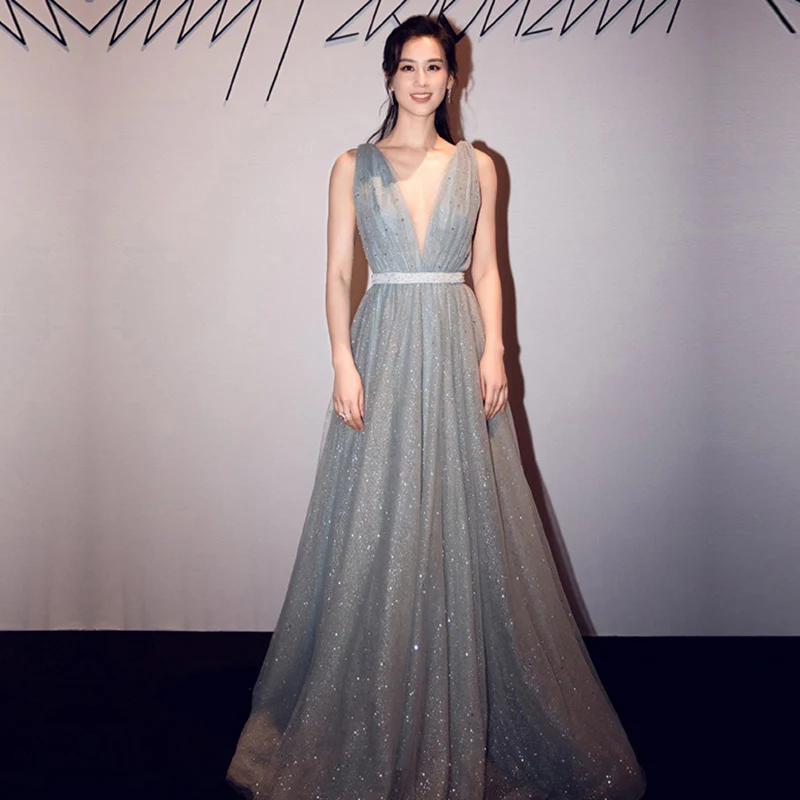 

NBS030 Custom Made Sexy V Neck Bling Bling Evening Dress 2019 A Line Style Elegant Long Girls Party Dress Shining Prom Gowns