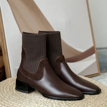 

2020 Winter Newest Square Toe Ladies Boots Genuine Leather Concise 3cm Heels Pumps Working Party Shoes Woman Heels