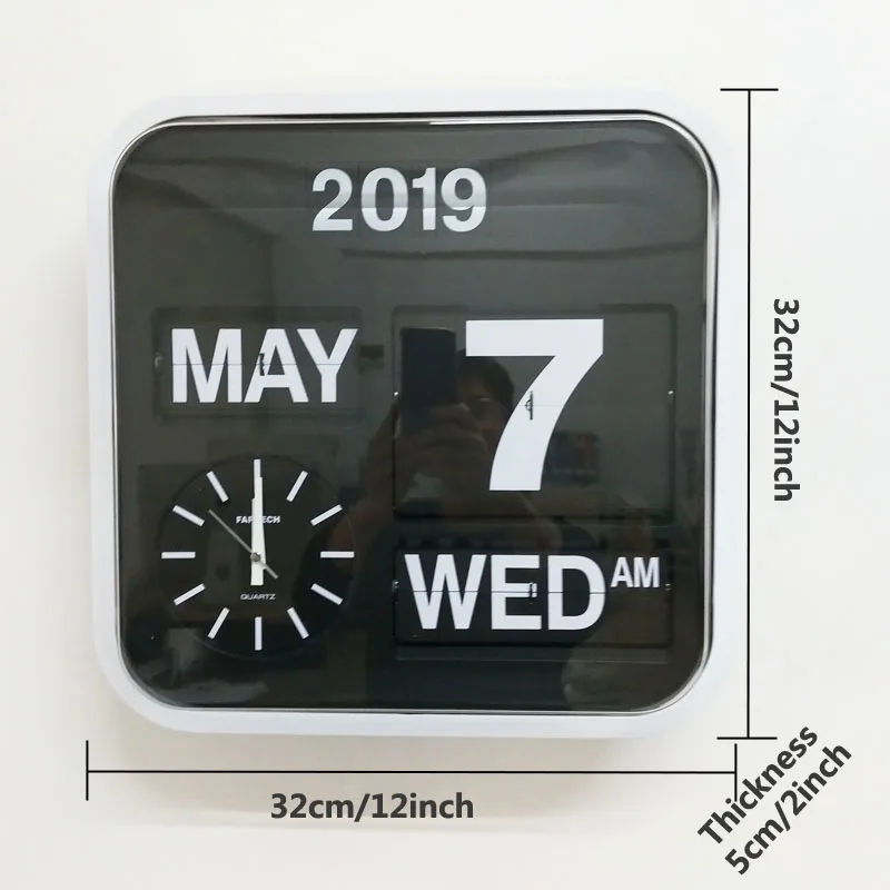 Calendar Clock Auto Flip Wall Desk Retro Modern Black White Large Numbers 12.5" 