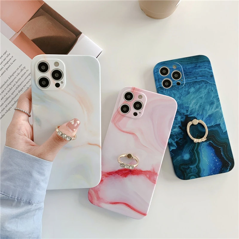 iphone 11 Pro Max  case Marble Texture Matte Phone Case For iPhone 12 Pro 11Pro Max XR X XS Max 7 8 Plus 11Pro Soft IMD Finger Ring Holder Back Cover iphone 11 Pro Max cover case