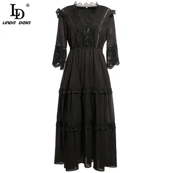 

LD LINDA DELLA Autumn Fashion Black Party Dress Women V-Neck Elegant Lace Patchwork Designer Ladies Holiday A-Line Midi Dress