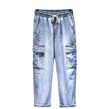 

Men Big Size 6XL 7XL Casual Overalls Jeans Multi-pocket Jeans Male Clothes New High Quality elastic waistband Blue Ankle pants