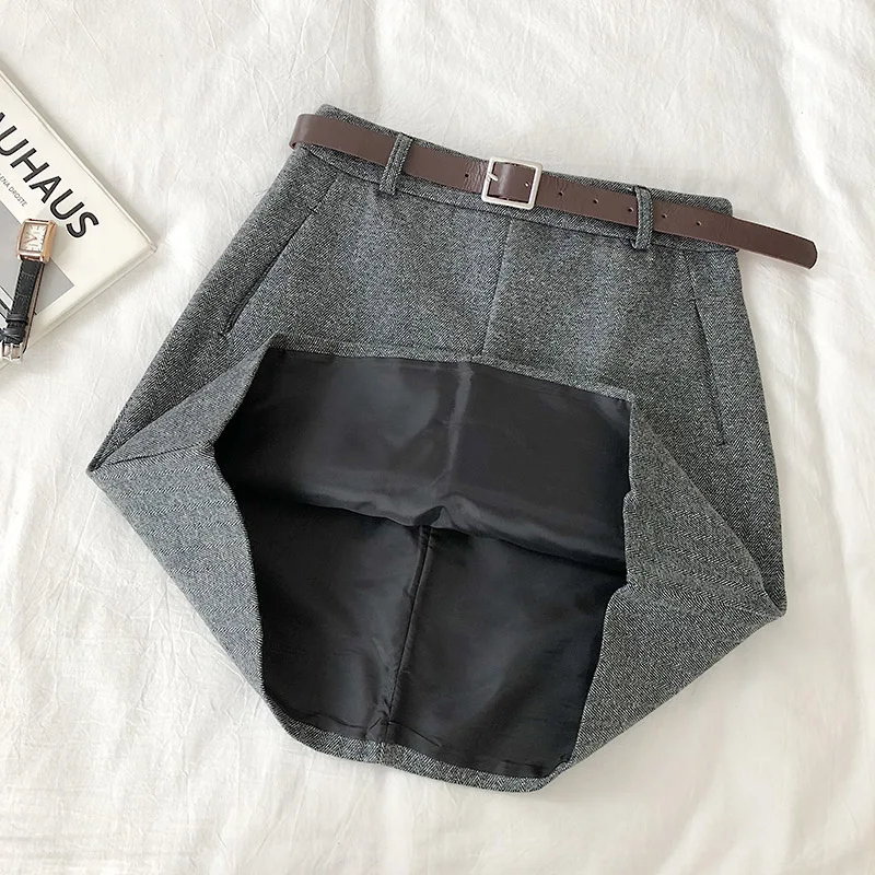 2020 Women Sashes Chic Skirt Autumn Winter Harajuku Solid High Waist Casual A-line Skirt Females Fashion Pocket Belt Mini Skirts